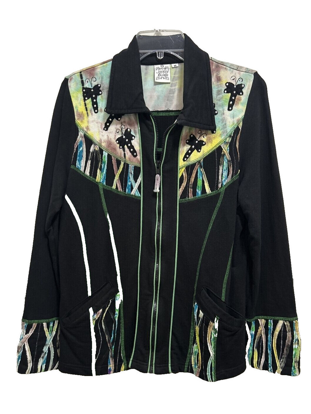 Parsley & Sage M Black Long Sleeve Zip Front Knit Jacket Dragonfly Wearable Art